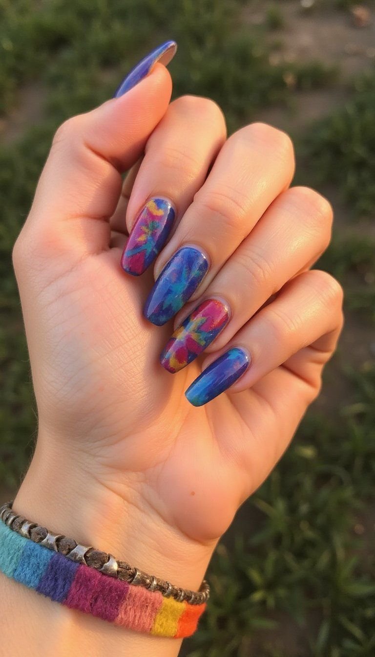 Tie Dye Swirl Nails For Retro Festival Energy
