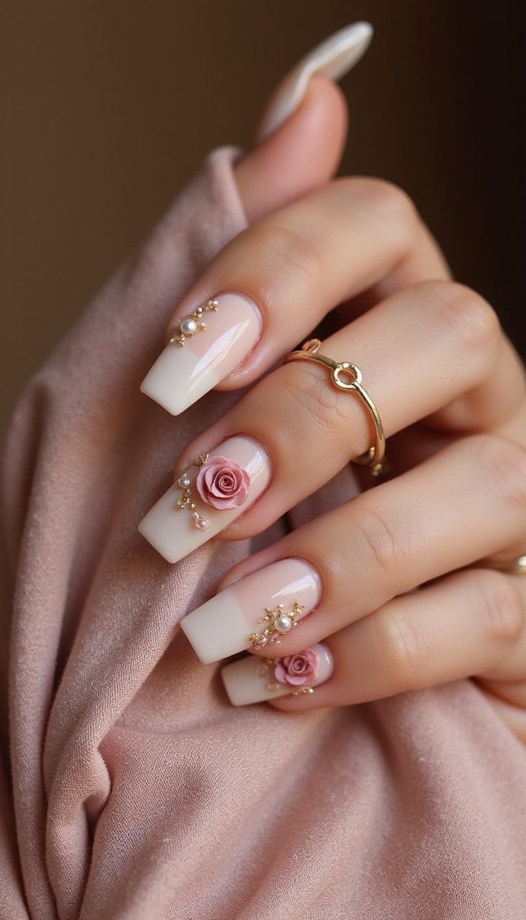 3D Sculpted Roses On Long Coffin Tips