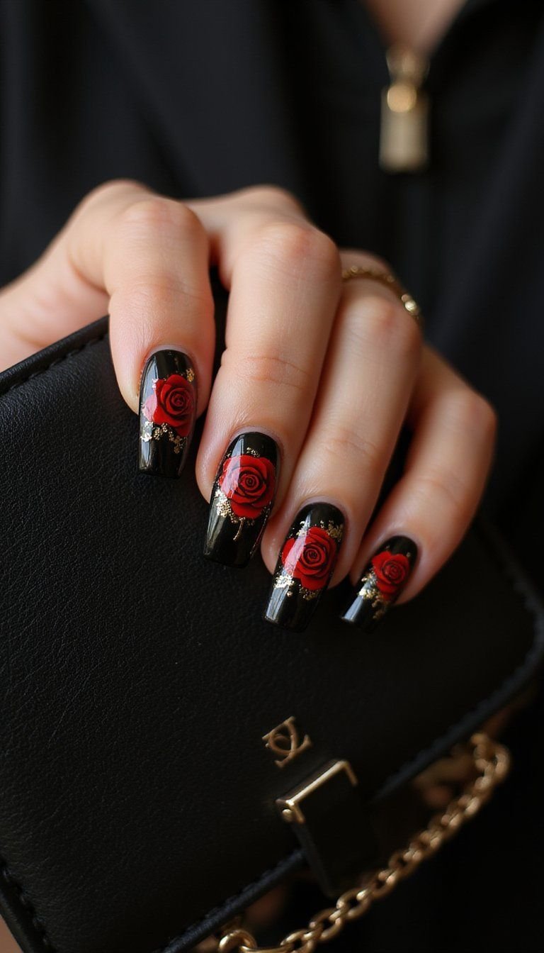 Gothic Rose On Black Gloss Coffin Tips