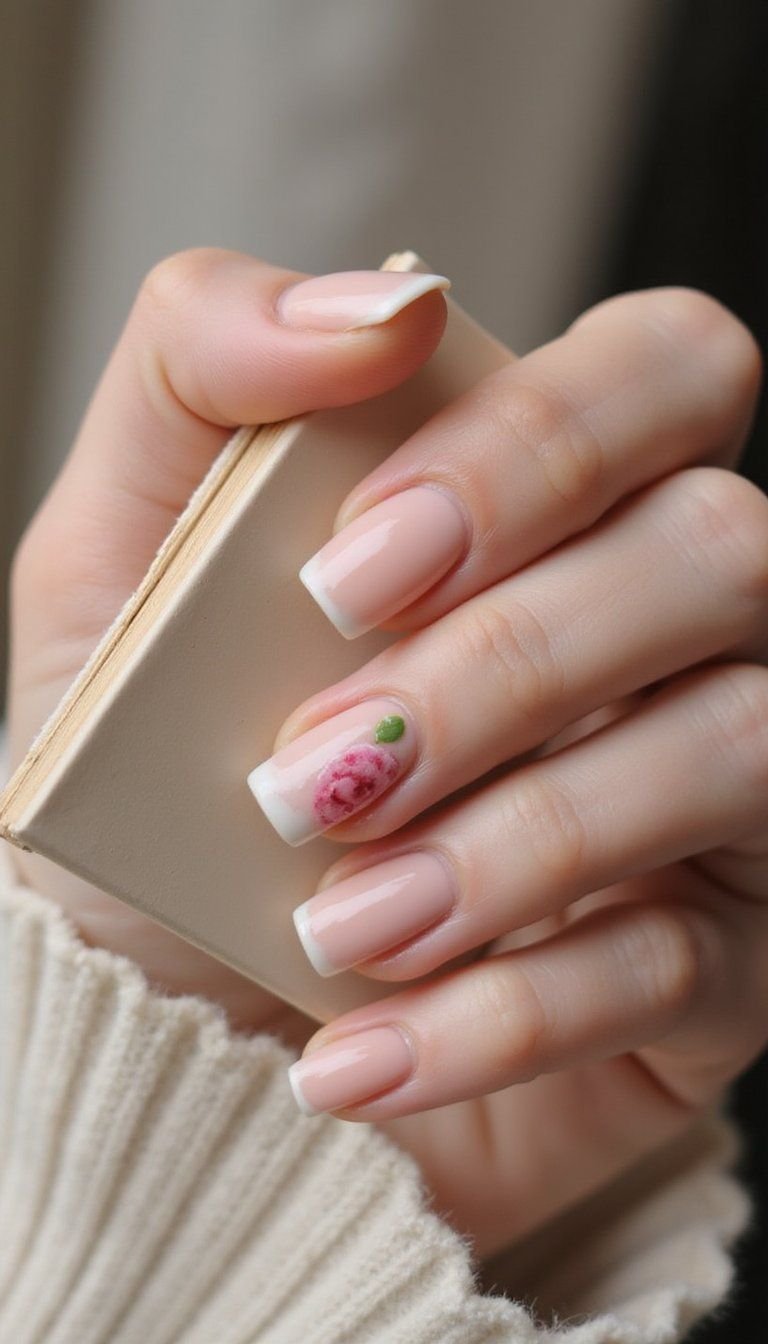 Mini Rose Buds On Nude Short Nails