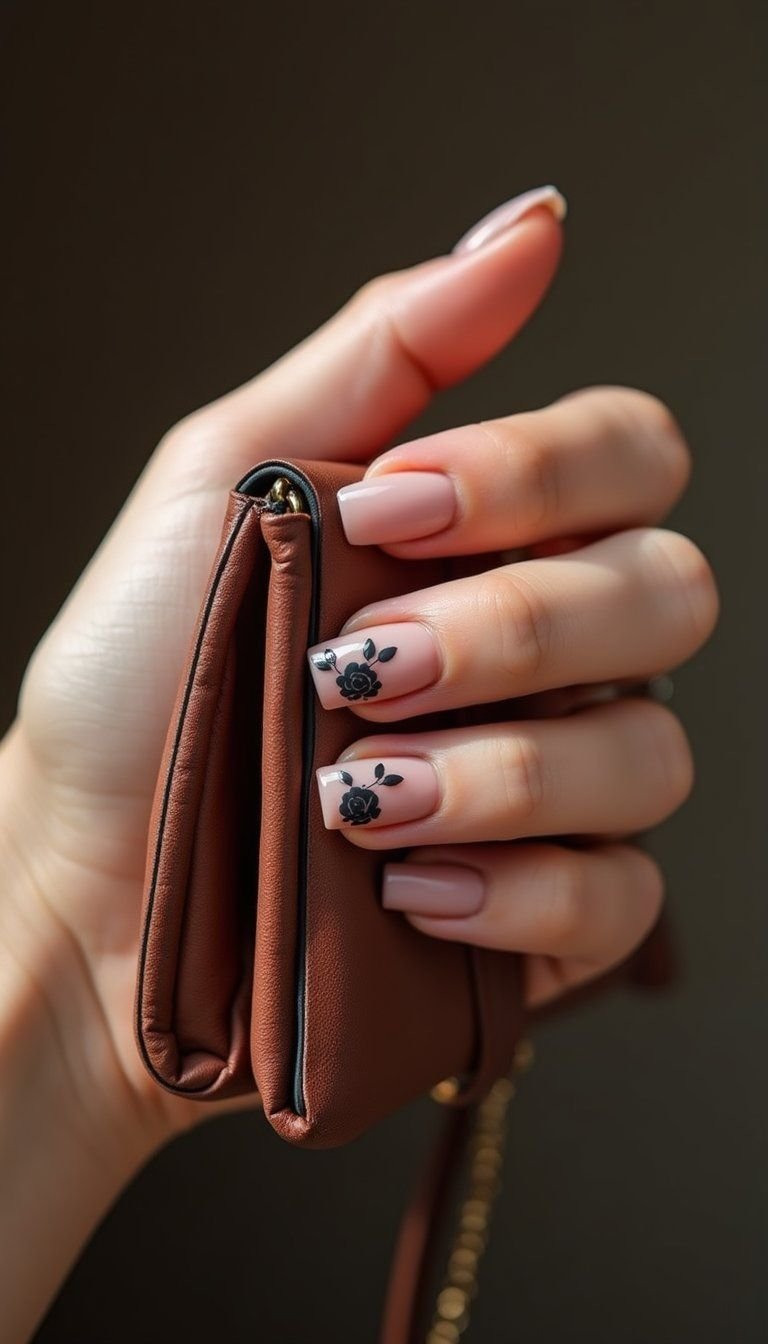 Negative Space Rose Silhouette On Square Nails