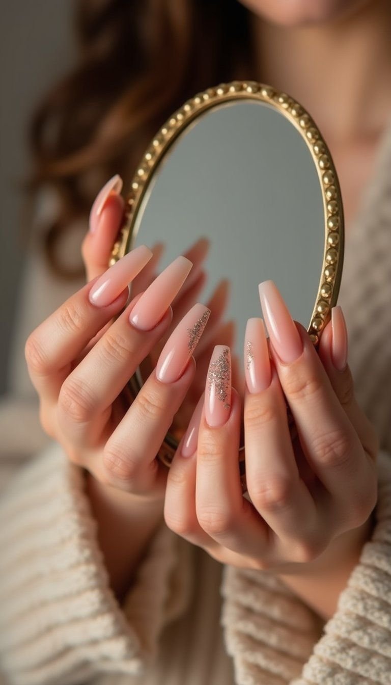 Peach To Nude Coffin Ombre With Sparkle