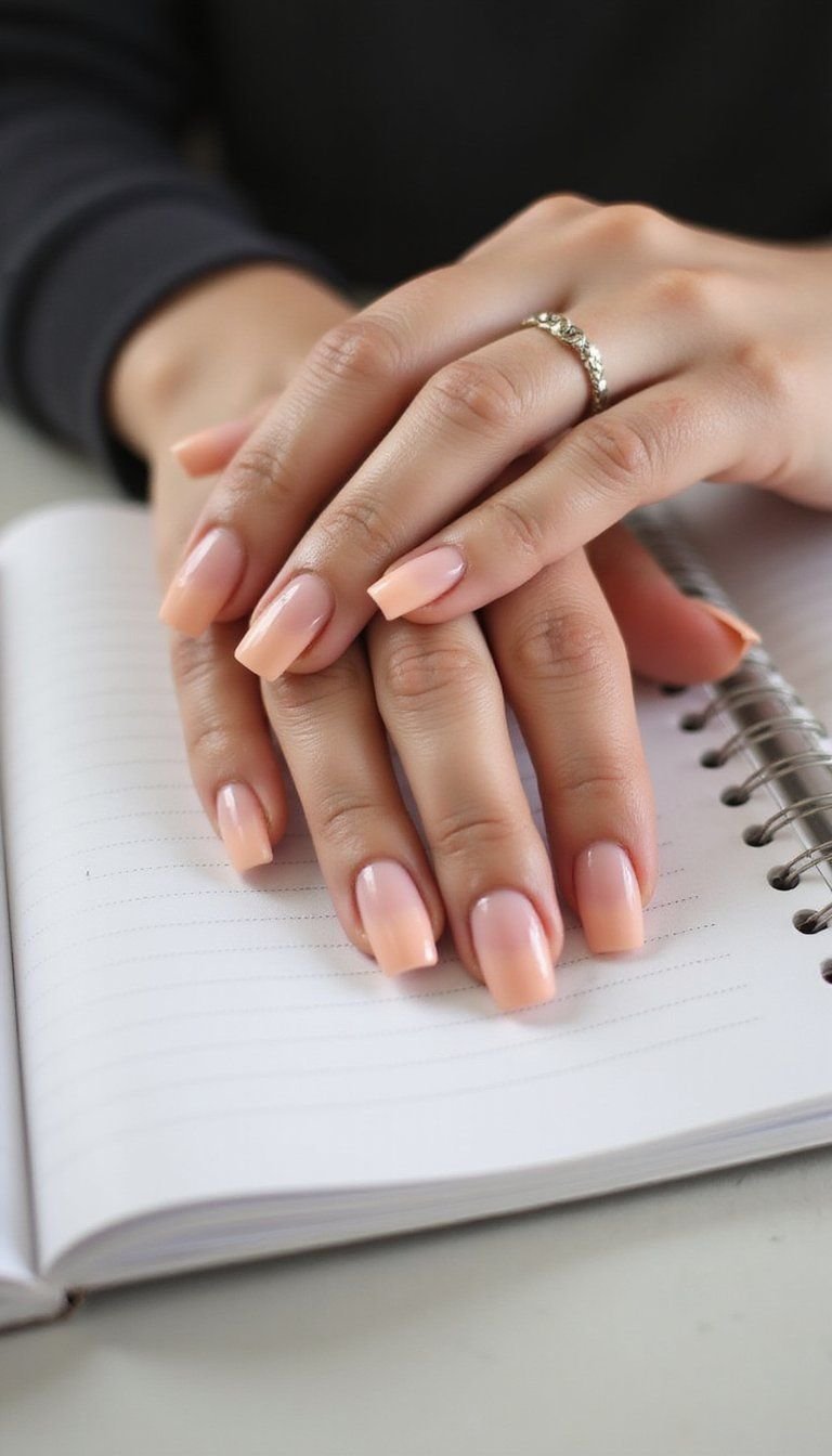 Short Peach Ombre Square Nails For Work