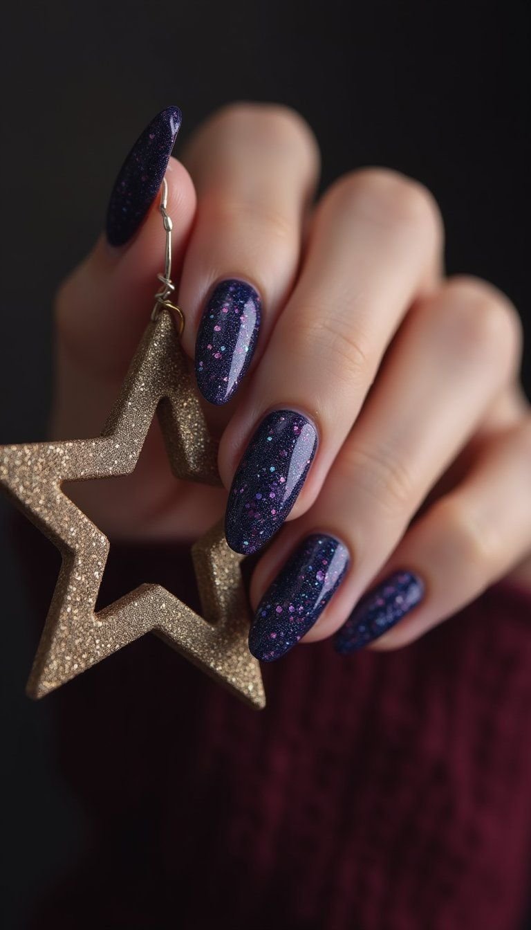 Galaxy-Inspired Oval Nails With Stardust Shine