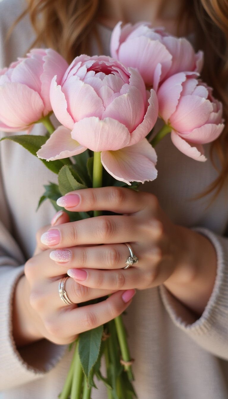 Gradient Glitter Tips On Soft Pink Ovals