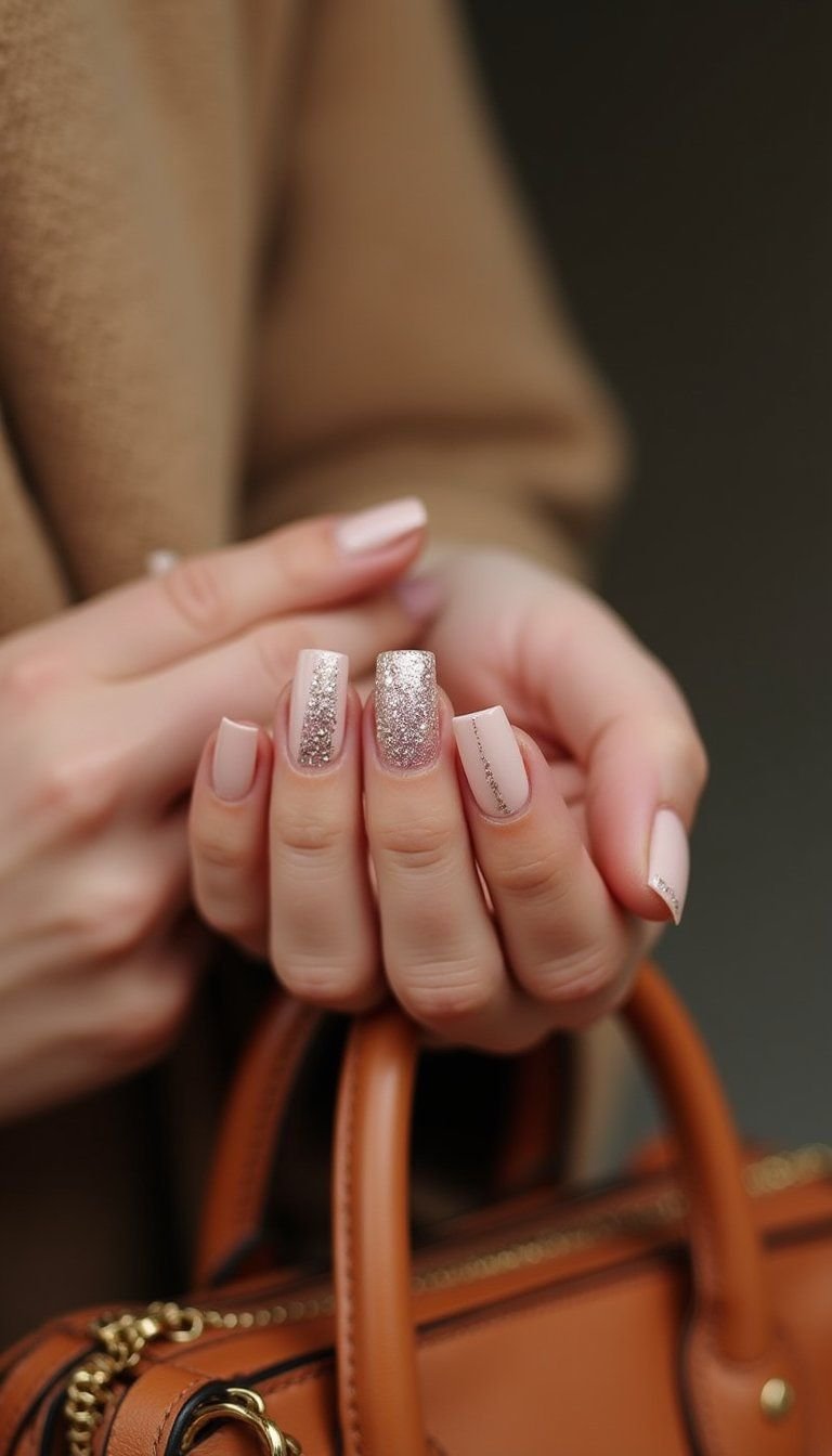 Short Square Neutral Nails With Sparkle Dust
