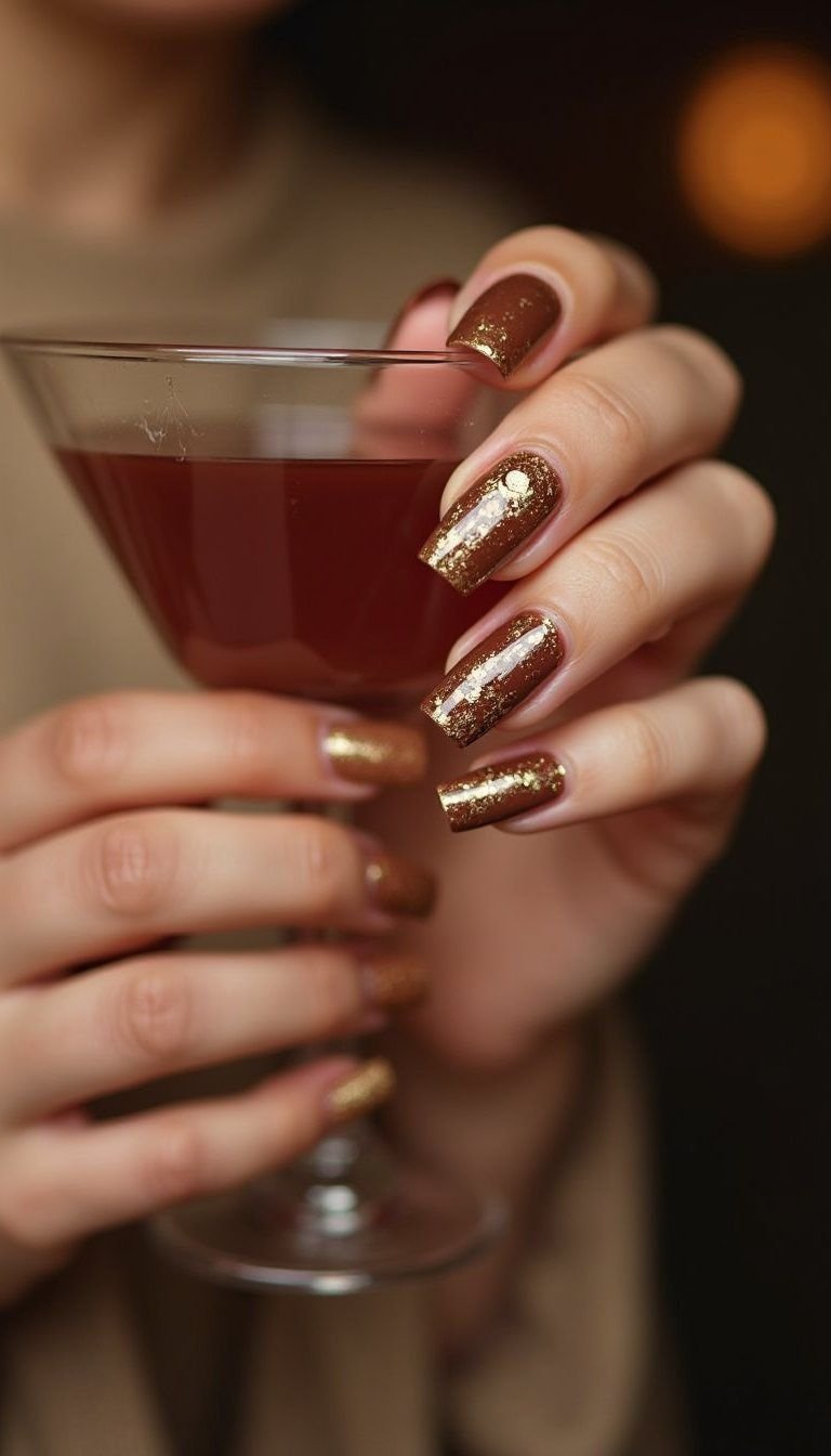 Chocolate Brown With Gold Foil Luxe Accent Nails