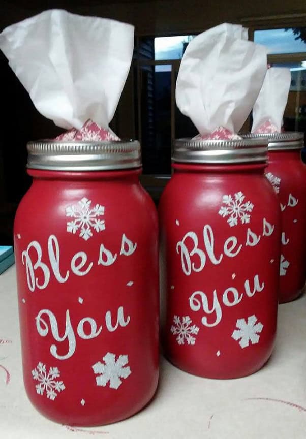 DIY Mason Jar Tissue Holder - These Christmas crafts with mason jars are ideal for anyone who enjoys crafting indoors while the winter chill keeps them inside.