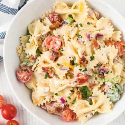 BLT Pasta Salad HR square 1 - Chilled pasta salad recipes offer a delightful way to savor the sunshine during hot summer days. The summertime presents an ideal opportunity to unveil your repertoire of cold pasta salad recipes and relish the diverse array of flavors they bring.