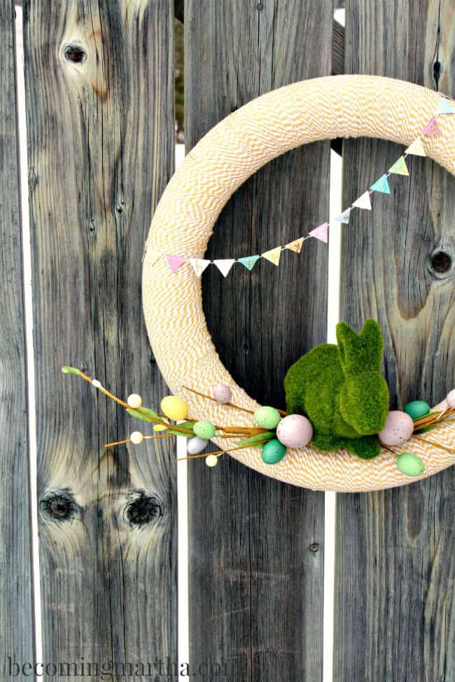 bakers twine spring wreath 2 - Discover the allure of crafting your own Easter wreaths for the front door with these imaginative Easter wreath decoration concepts! Embrace a variety of styles, including rustic Easter wreaths, Easter egg wreaths, Easter bunny wreaths, and Easter basket wreaths, as well as vibrant spring flower wreaths.