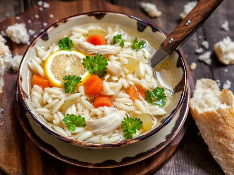 1 220 - This light and cozy Greek-style Lemon Orzo Soup is the perfect summer soup for enjoying in the sun. With hearty veggies, warm shredded chicken, and a pop of zesty lemon, this soup tastes simultaneously bright and relaxing, almost like a sunbath in a bowl. Lemon Orzo Soup features tender cooked orzo, which soaks in the flavors and adds to the soup’s heartiness. Whether you are, it’s a beautiful day with a bowl of this soup.