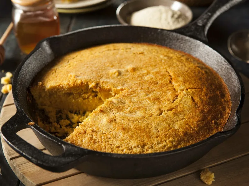 1 229 - Making cornbread in a cast-iron skillet is the traditional Southern way, and for good reason; the cast iron imparts an extra buttery, crispy crust, making the interior taste that much more delicate. Skillet Cornbread is a hearty and just a touch sweet accompaniment to any meal, whether that’s a Thanksgiving turkey, a bacon and eggs breakfast, or just a snack with butter and honey. This golden-brown Skillet Cornbread pleases crowds and taste buds alike with a harvest-happy flavor!