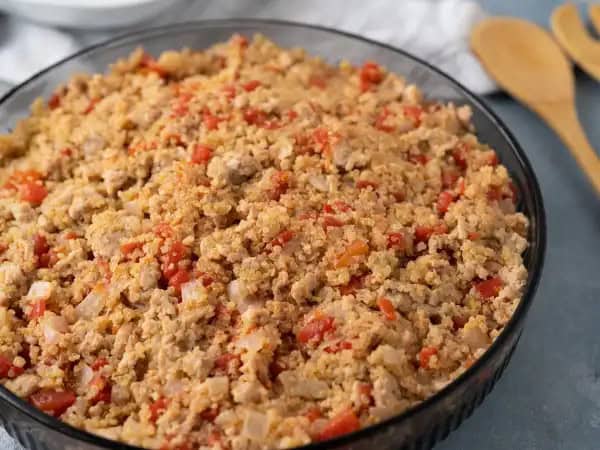 image 5245 - Let's add something a little healthy to your diet! Don't worry... it's still going to taste great! While you're out there crushing your goals and feeling good, this Whole Grain Chicken will be waiting, ready to fill you up! Grab a big bowl and fill it with this fluffy quinoa mixed with savory ground chicken, juicy tomatoes with green chile peppers, and tangy onions! You get your protein and your healthy carbs! Whole Grain Chicken helps you bring the good kind of balance into your life that you've been craving. So, go ahead and enjoy! You've worked hard for it!