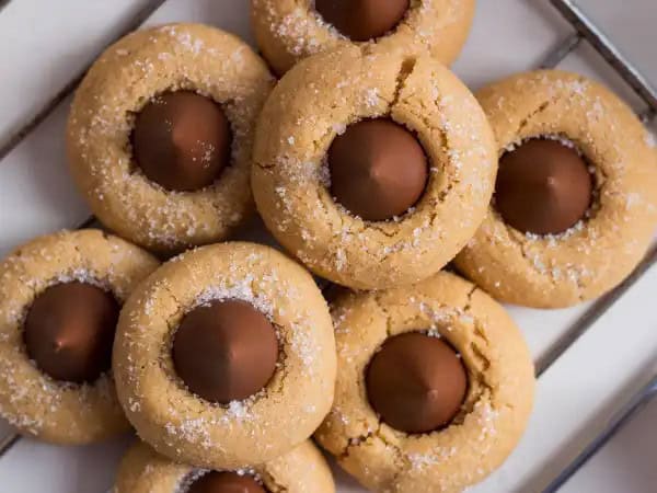 image 9218 - This is a cookie that really doesn't need an introduction. You know these cookies, and you love these cookies. They're Peanut Butter Blossoms, the cookie that made an appearance at every party growing up and vanished just as soon as they touched the table. The creamy, nutty flavor of peanut butter made each sugary bite of cookie just marvelous... like they still do today. And then that kiss of rich chocolate in the center... mmm, if there's a more delicious way to experience nostalgia, we haven't found it. Peanut Butter Blossoms plant a garden of pleasant memories in your mouth!