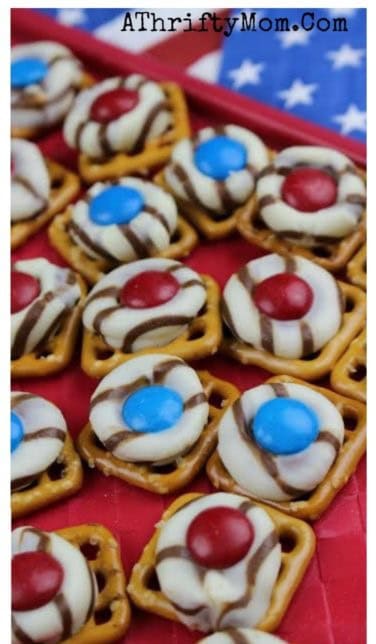 july 4th treats and desserts easy bbq food ideas for a 4th of july party Hugs and MMs pretzel bites great recipe for kids to help you with 377x1024 1