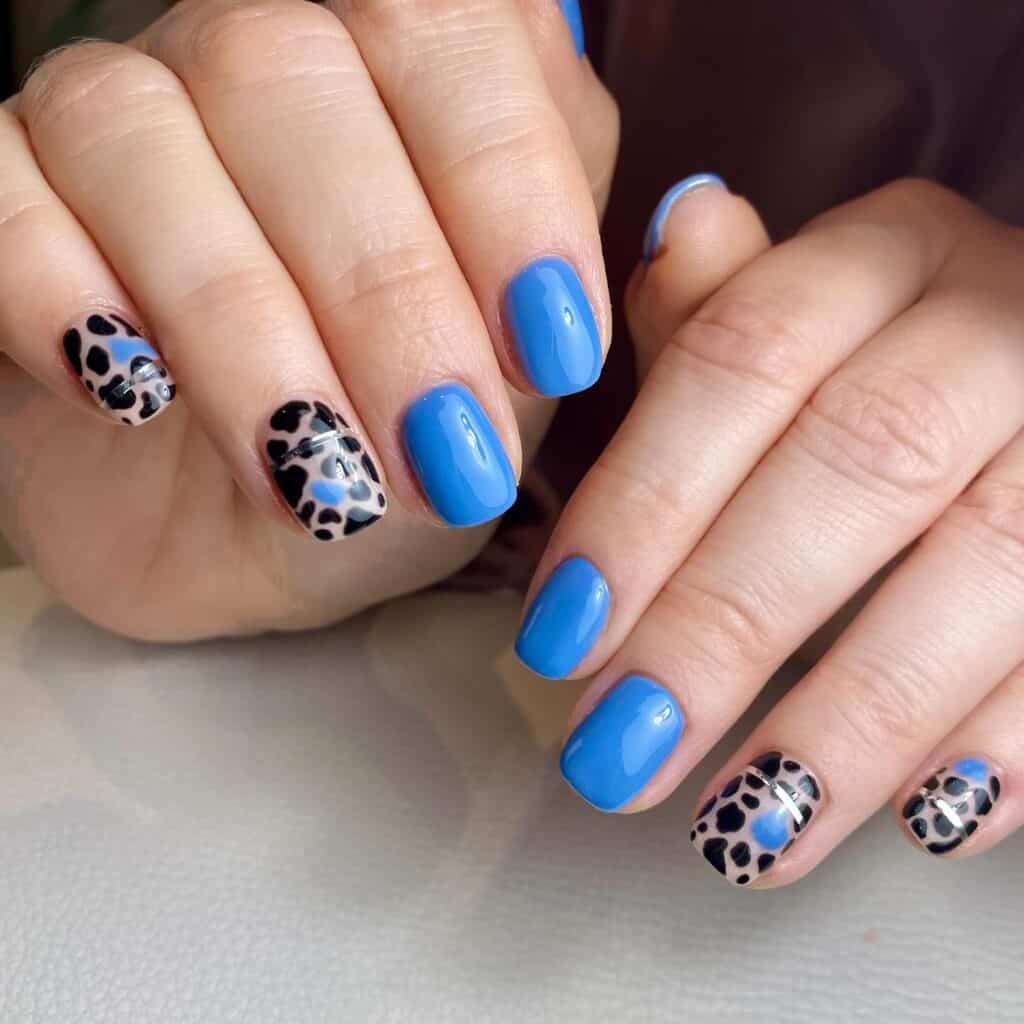 Varied blue nail designs showcasing light blue nails, royal blue acrylic nails, and blue French tips in different hand poses.