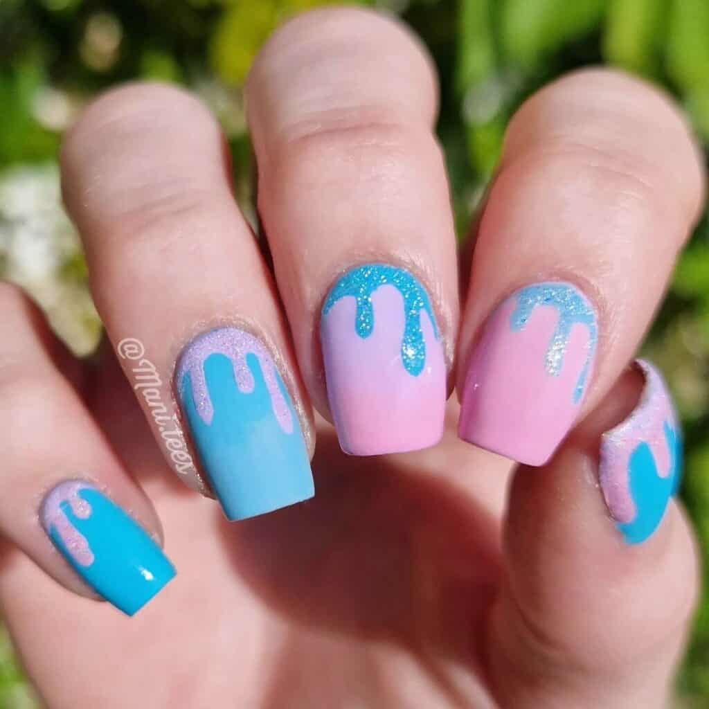 Detailed shot of festive nails showcasing candy cane stripes, lollipop swirls, and candy corn patterns in bright, vibrant hues.