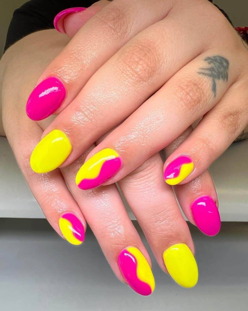 Radiant and lively neon nails featuring fashionable summer designs.