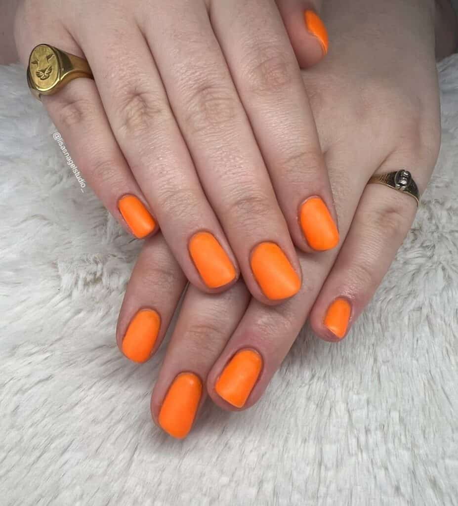 Chic summer nails featuring vibrant orange hues, from neon to burnt with glitter accents, perfect for adding a seasonal touch.