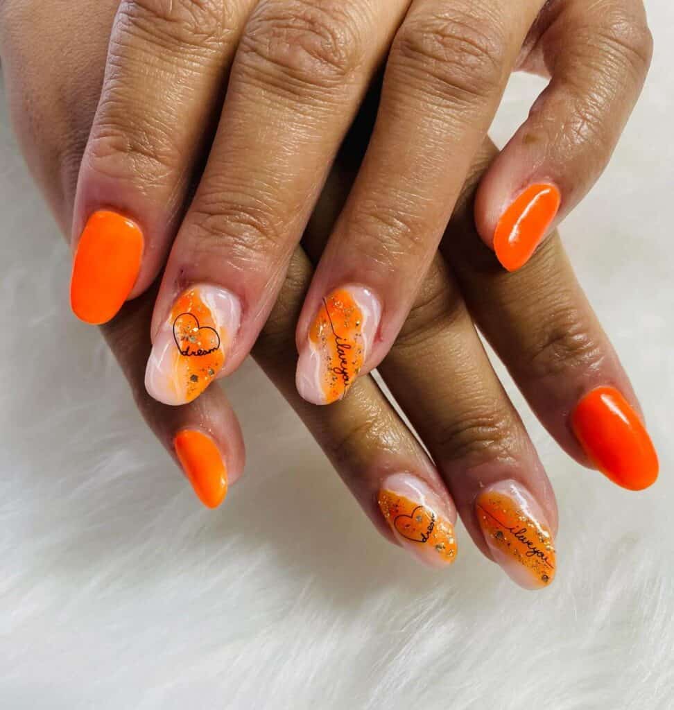 Chic summer nails featuring vibrant orange hues, from neon to burnt with glitter accents, perfect for adding a seasonal touch.