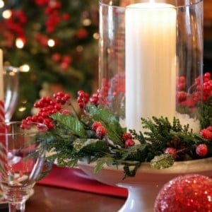 Christmas Candle Ring on Cake Stand centerpiece