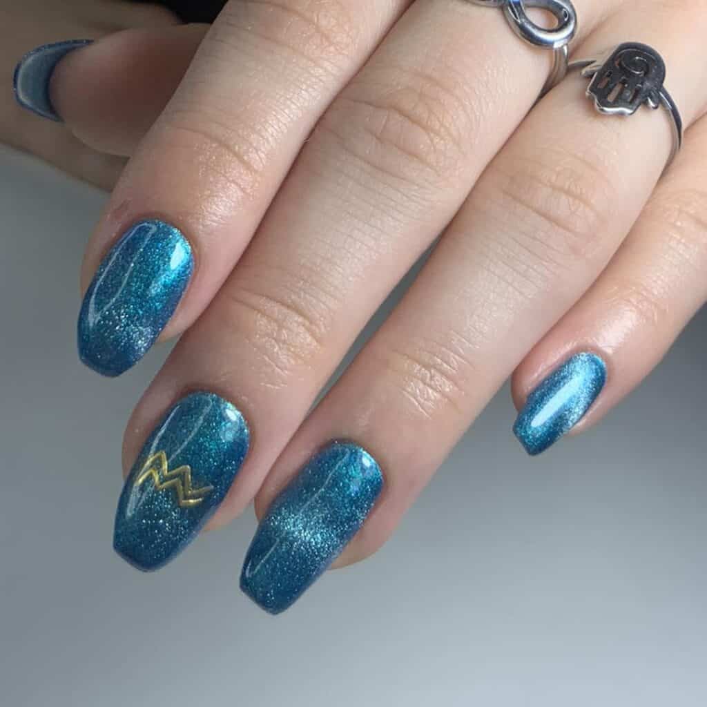 Varied blue nail designs showcasing light blue nails, royal blue acrylic nails, and blue French tips in different hand poses.