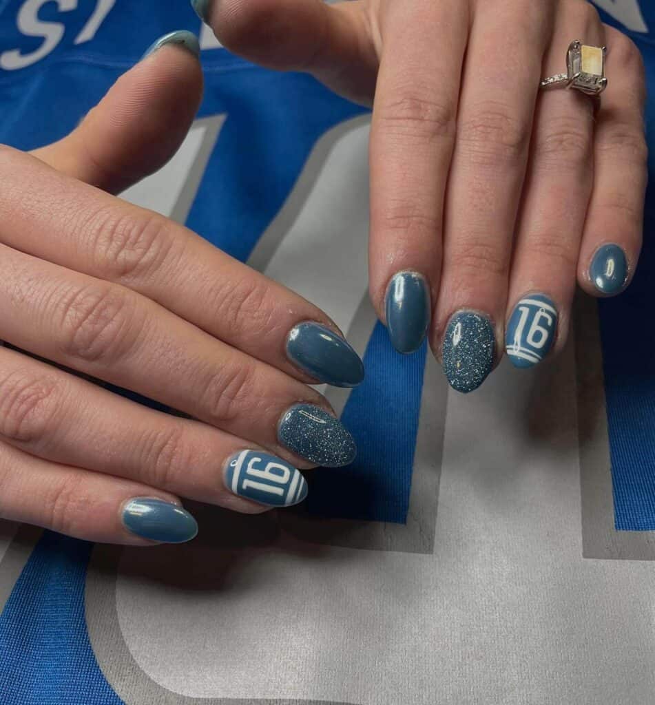 A range of football-themed nail designs, featuring blue football nails, Celtic FC nails, and acrylic nails with team logos.