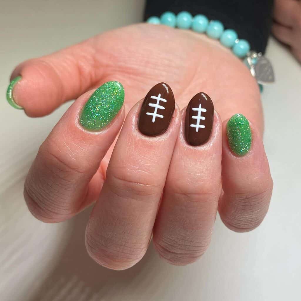 A range of football-themed nail designs, featuring blue football nails, Celtic FC nails, and acrylic nails with team logos.