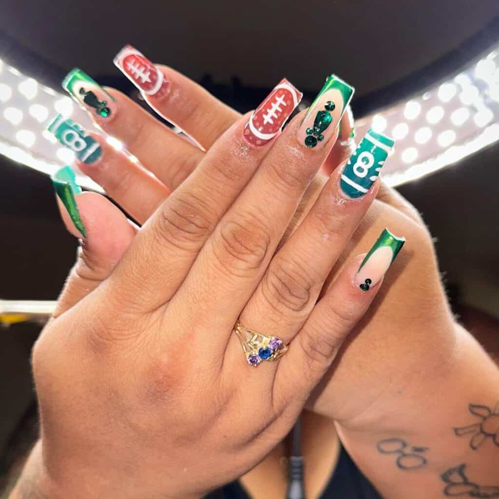 A range of football-themed nail designs, featuring blue football nails, Celtic FC nails, and acrylic nails with team logos.