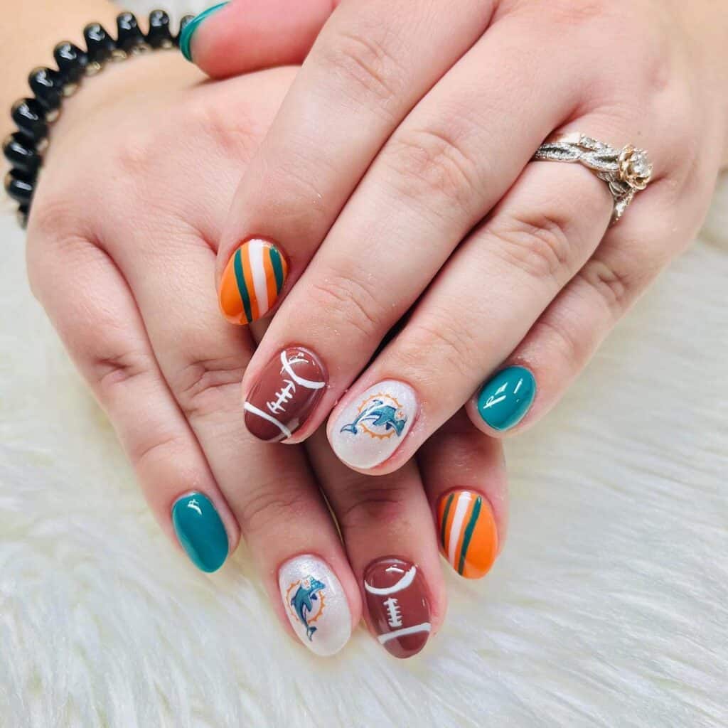 A range of football-themed nail designs, featuring blue football nails, Celtic FC nails, and acrylic nails with team logos.