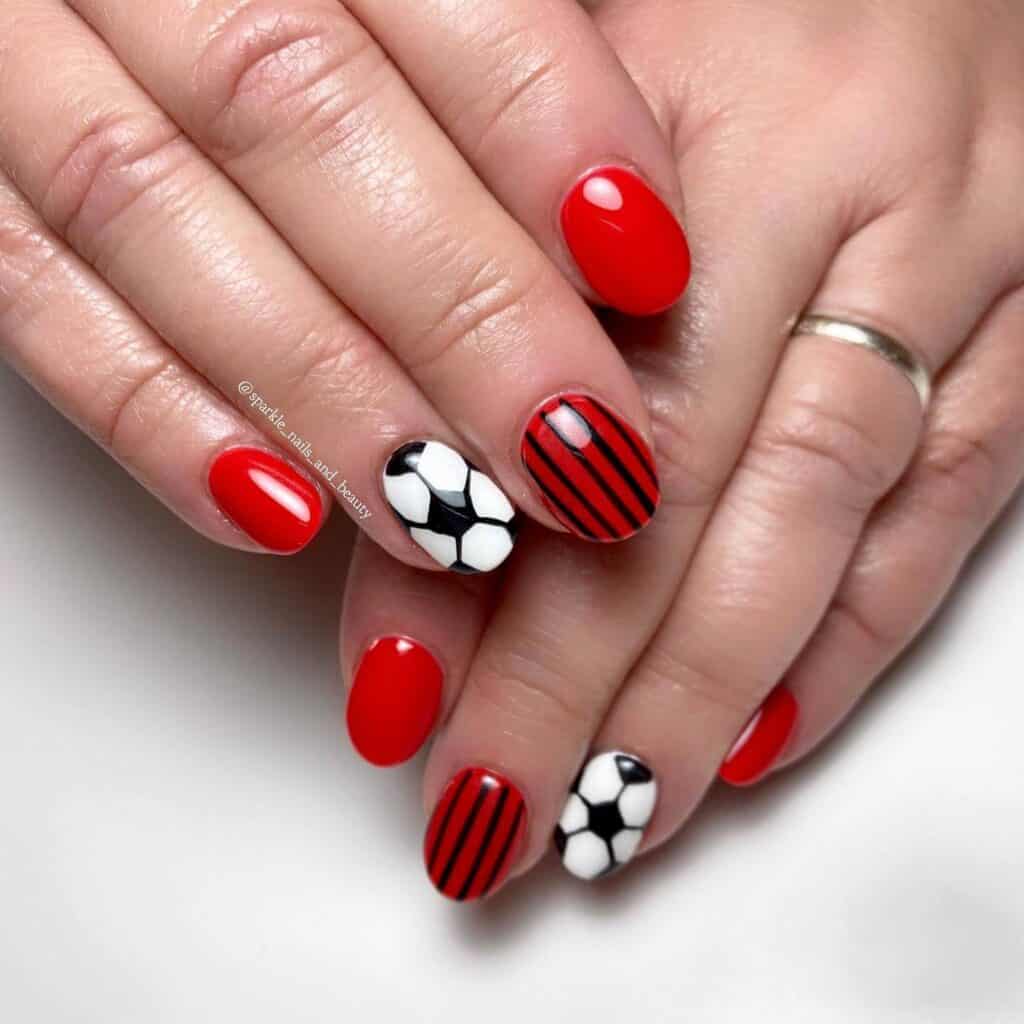 A range of football-themed nail designs, featuring blue football nails, Celtic FC nails, and acrylic nails with team logos.