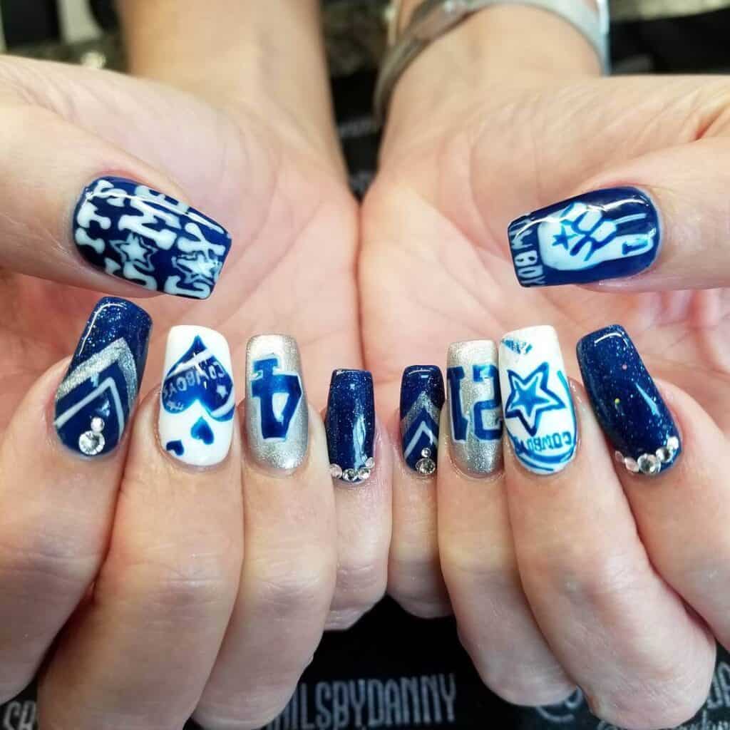 A range of football-themed nail designs, featuring blue football nails, Celtic FC nails, and acrylic nails with team logos.