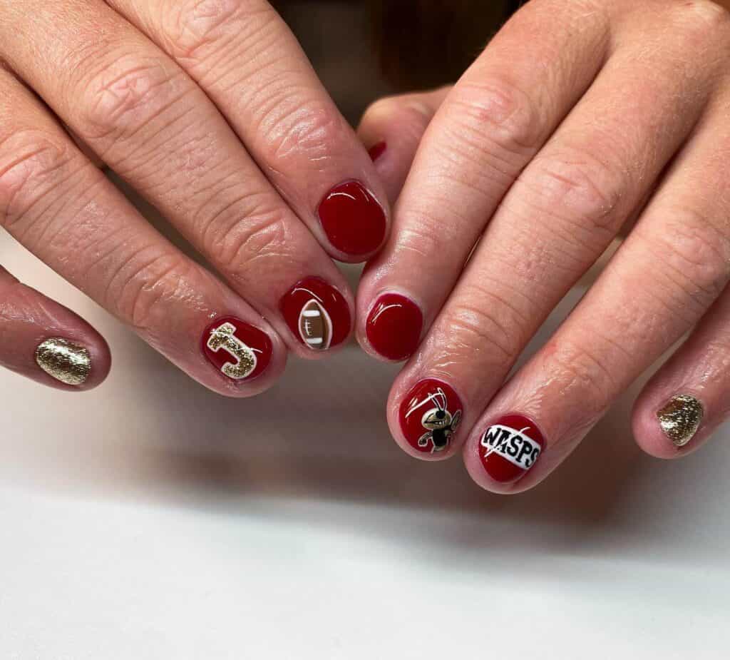 A range of football-themed nail designs, featuring blue football nails, Celtic FC nails, and acrylic nails with team logos.