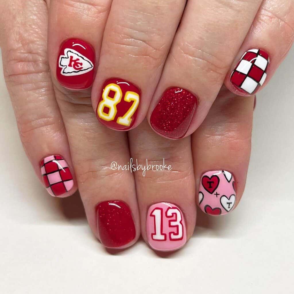 A range of football-themed nail designs, featuring blue football nails, Celtic FC nails, and acrylic nails with team logos.