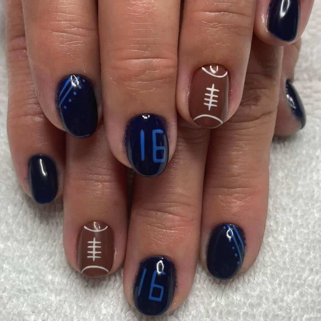 A range of football-themed nail designs, featuring blue football nails, Celtic FC nails, and acrylic nails with team logos.