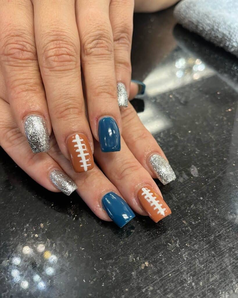 A range of football-themed nail designs, featuring blue football nails, Celtic FC nails, and acrylic nails with team logos.