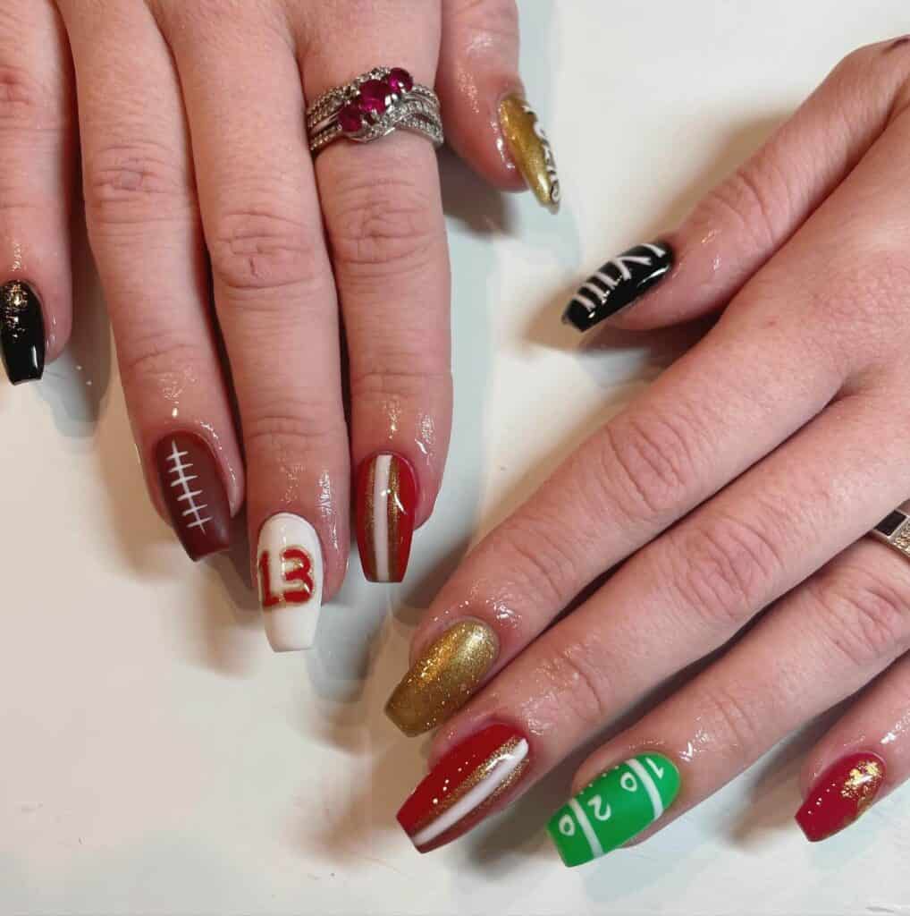 A range of football-themed nail designs, featuring blue football nails, Celtic FC nails, and acrylic nails with team logos.