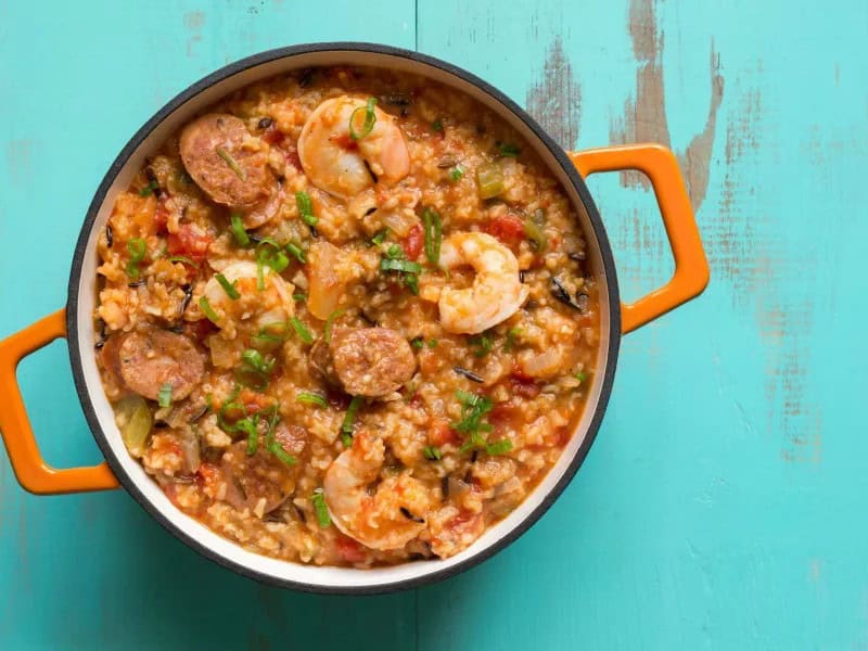 image 247 197 - Bring rich New Orleans flavors to your very own kitchen with this Jambalaya. Tender chicken and shrimp are mixed with rice and veggies, and seasoned with the perfect amount of spice! Enjoy with a side salad and the bread of your choice for the perfect meal. Jambalaya is a tasty, hearty dish that will bring some fresh variety to your kitchen! It will get you jazzed up for dinner!