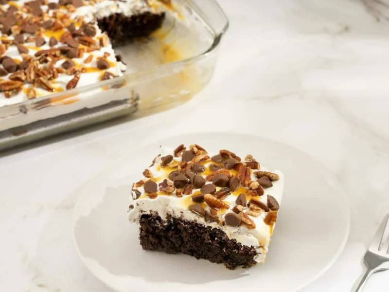 image 247 313 - Turtle Poke Cake is every turtle cluster candy lover's fantasy–in cake form! A layer of sinfully delicious devil's food chocolate cake is literally poked (hence the name!) so a creamy caramel sauce can be infused throughout. It's loaded with fluffy whipped topping and sprinkled with handfuls of nutty chopped pecans and semi-sweet chocolate chips. Turtle Poke Cake is chilled, so it's the perfect sunny day treat, whether you're a turtle cluster lover or not!