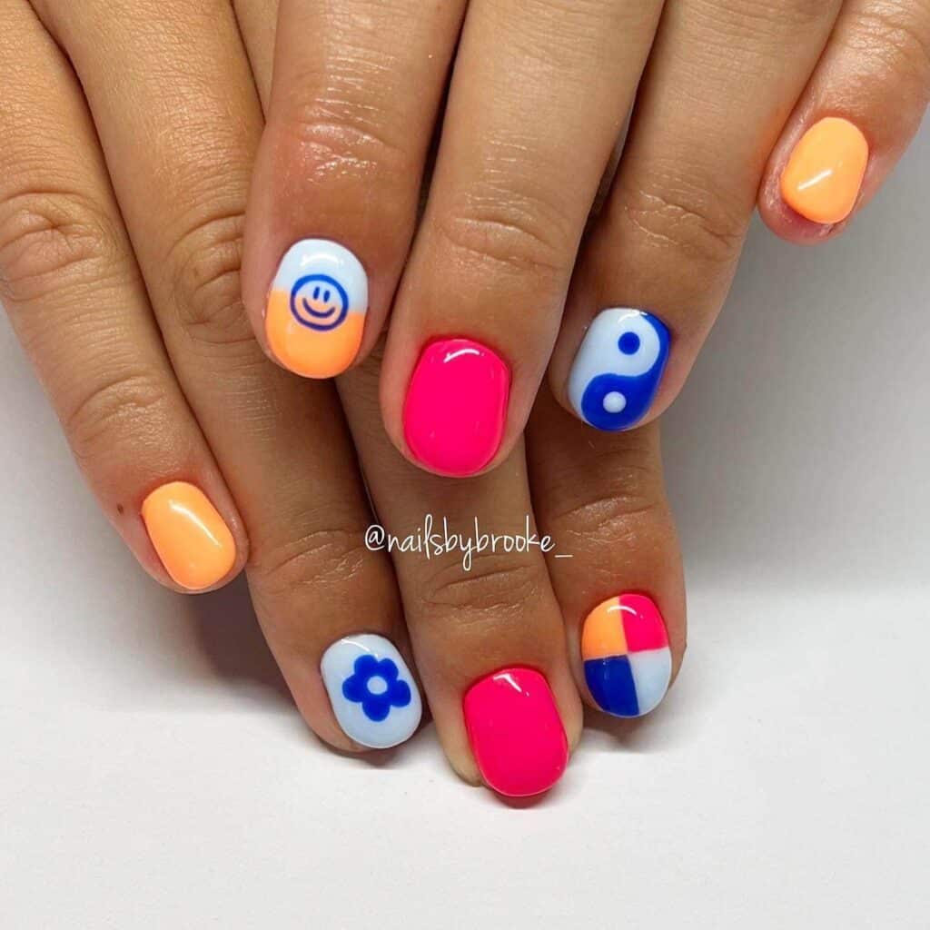 Radiant and lively neon nails featuring fashionable summer designs.