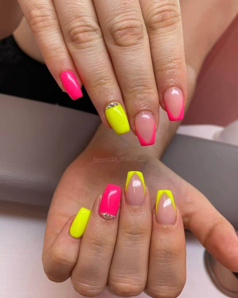 Radiant and lively neon nails featuring fashionable summer designs.