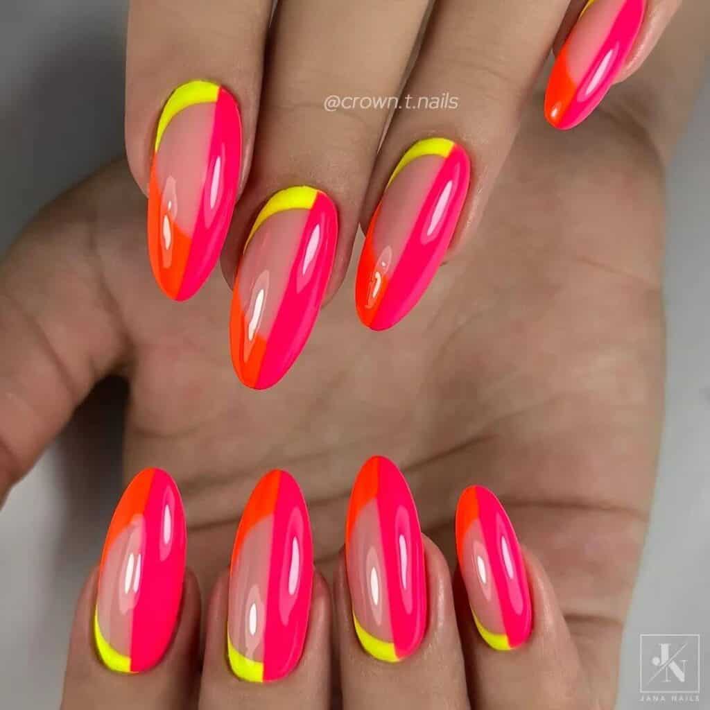 Radiant and lively neon nails featuring fashionable summer designs.