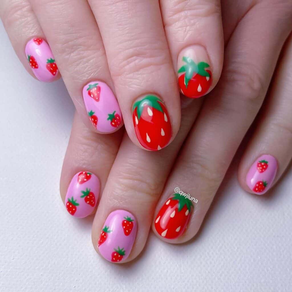 Discover charming strawberry nail designs such as strawberry shortcake and strawberry glazed donut styles. Opt for press-on nails for effortless application.