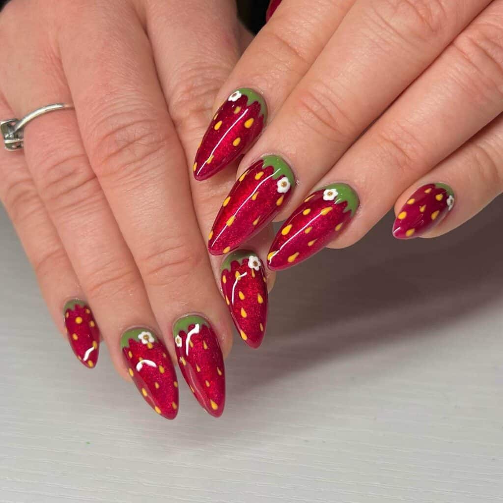 Discover charming strawberry nail designs such as strawberry shortcake and strawberry glazed donut styles. Opt for press-on nails for effortless application.