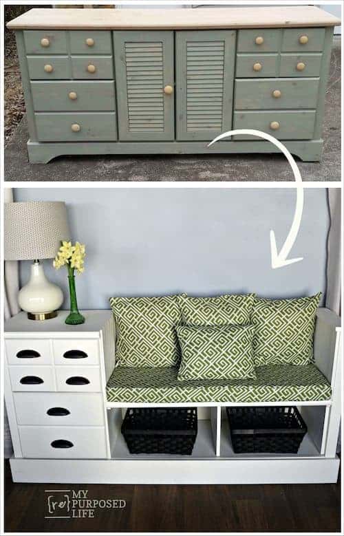 old dresser upcycled fresh new white storage bench for kitchen mudroom and more MyRepurposedLife - DIY Upcycled and Repurposed Furniture Ideas bring new life to your space while being eco-friendly and cost-effective. Repurposing old furniture not only adds a unique touch to your home but also allows you to showcase your creativity in ways that store-bought pieces simply can’t match.