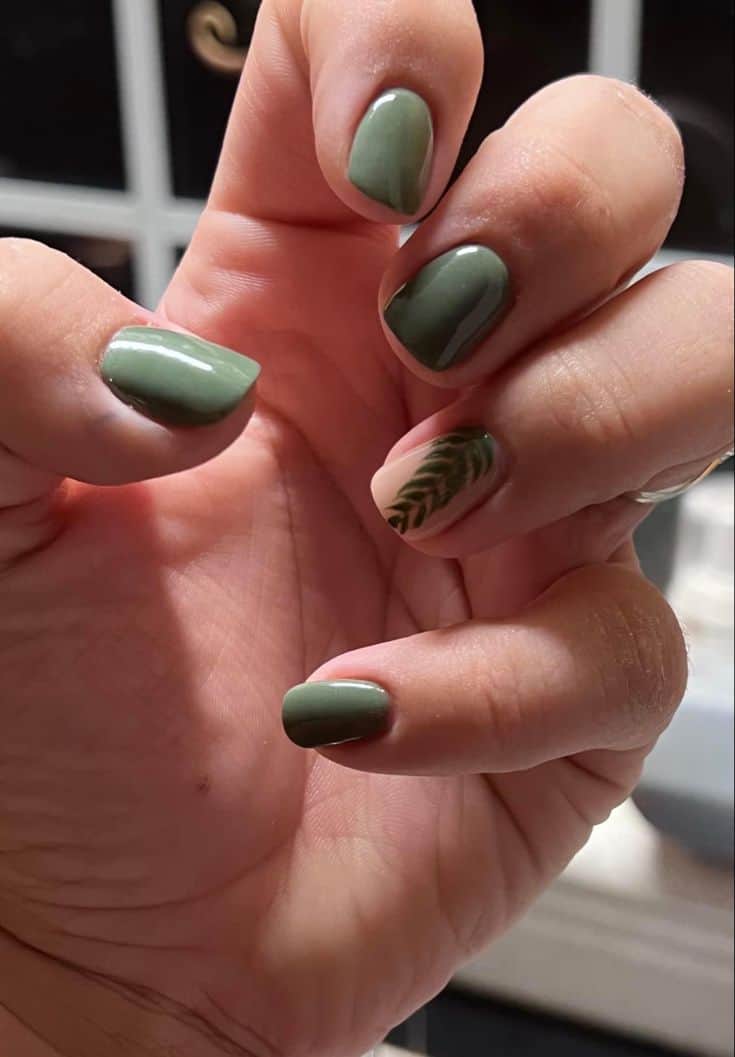 Nail inspo - short with sage green fern accent - Earthy Sage Green Nail Designs