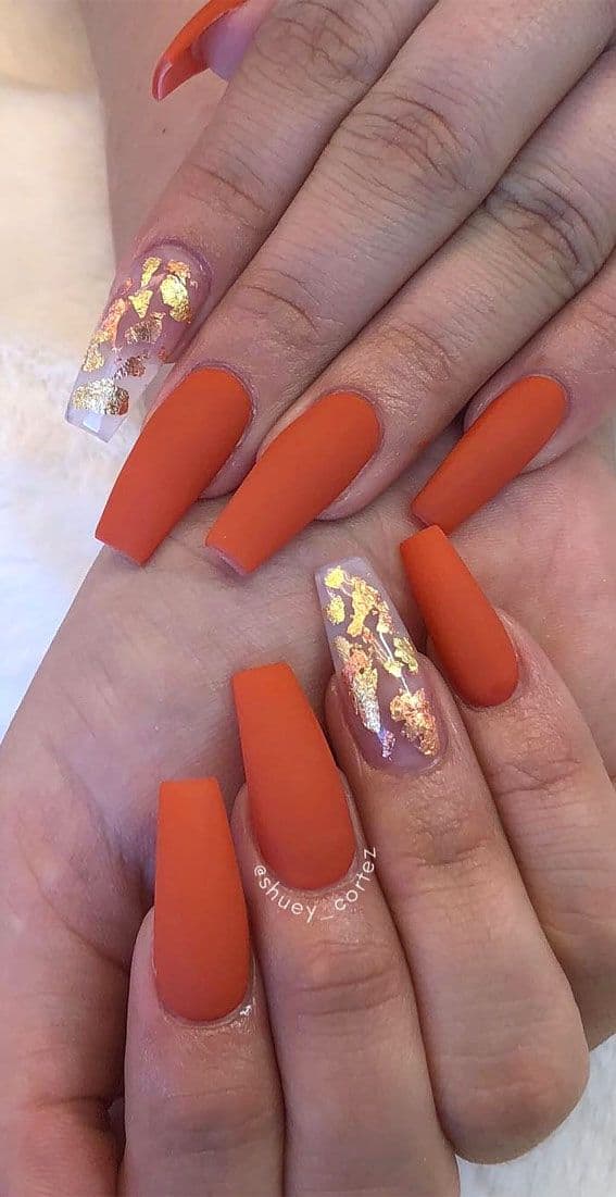 22 Trendy Fall Nail Design Ideas : Glam nails with gold leaf - Rustic Orange Nail Ideas