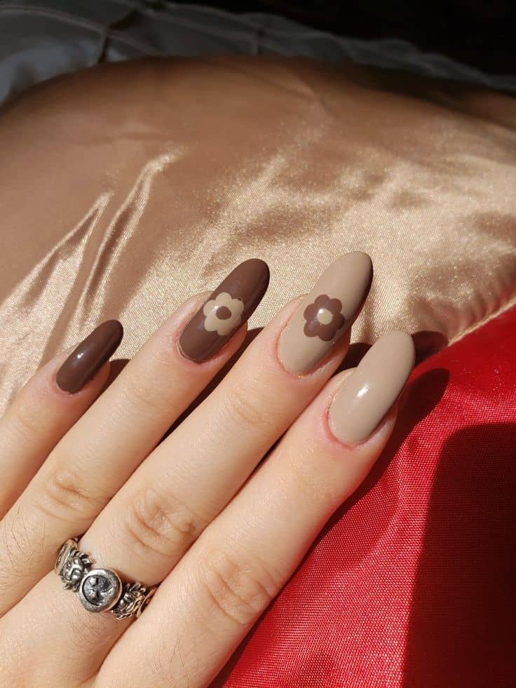 Brown Monochromatic Flower Nails - Monochrome Neutral Fall Nails