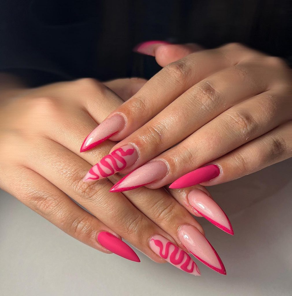Whimsical Swirls on Dark Pink and White Nails - If you're looking for dark pink and white nail ideas, you're in the right place! This classic color combination adds a chic and elegant touch to any manicure. Whether you prefer dark pink and white nails with delicate ombré fades, French tips, or bold geometric designs, there’s a perfect style for you.