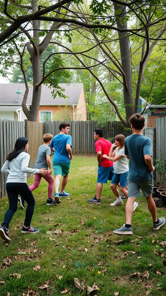 A group of teenagers playing Sardines in a backyard, running and searching for the hider.